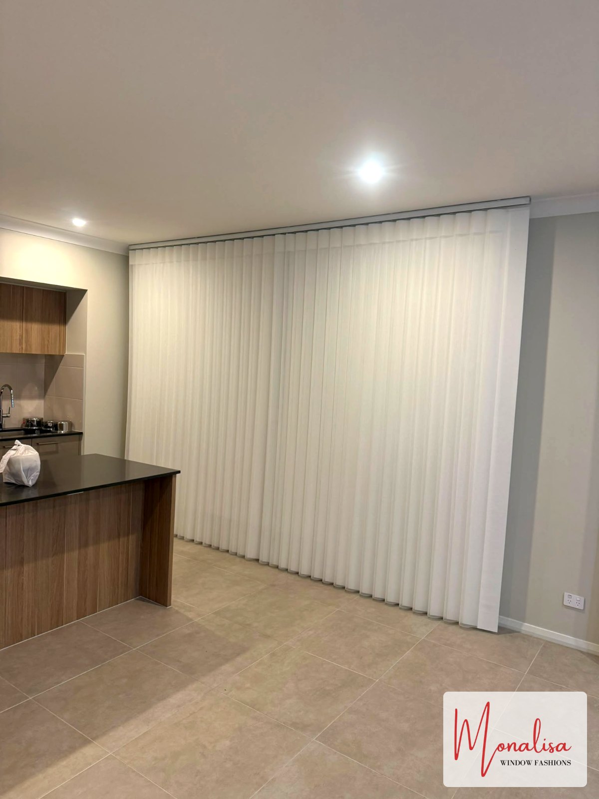 S-Fold sheer curtains in an open-plan living and kitchen area, new build in Gables NSW – Monalisa Blinds