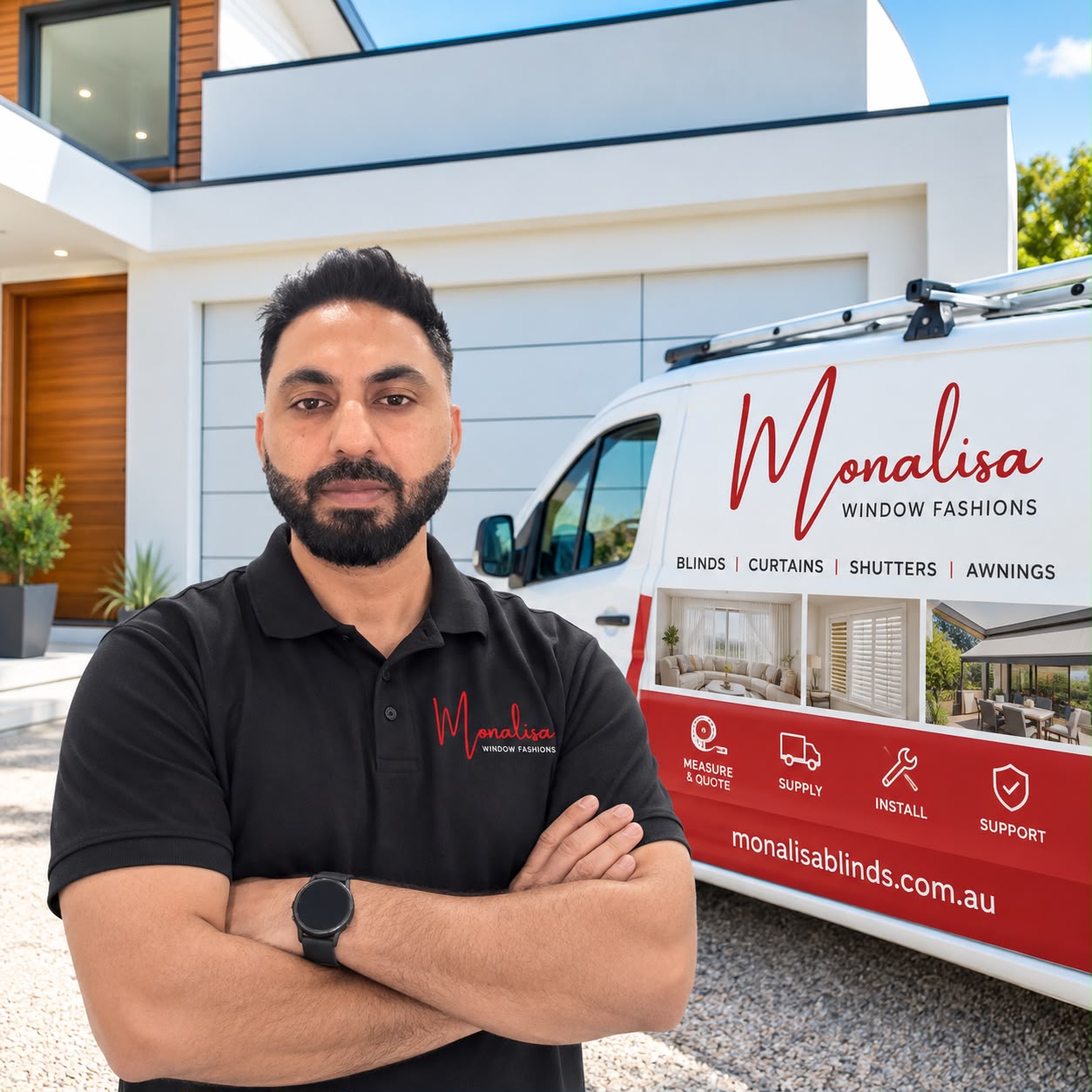 Guri Singh, co-founder of Monalisa Blinds, in front of the Monalisa Window Fashions van